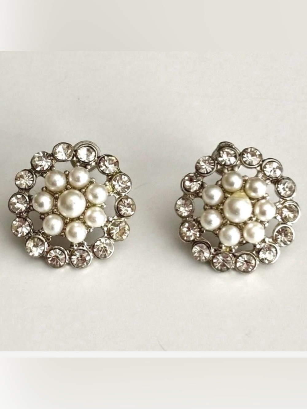 Vintage Faux Pearl Rhinestone Cluster Stud Earrings Silver Tone